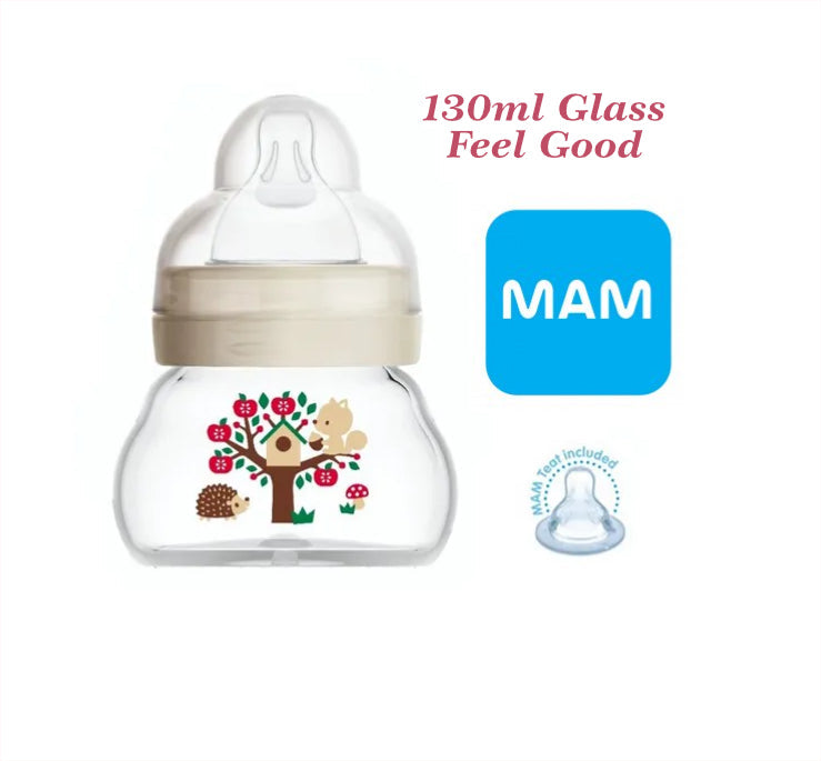 MAM – Feel Good Glass Bottle 130ml Baby's 1st Bottle in Beige colour. Mam