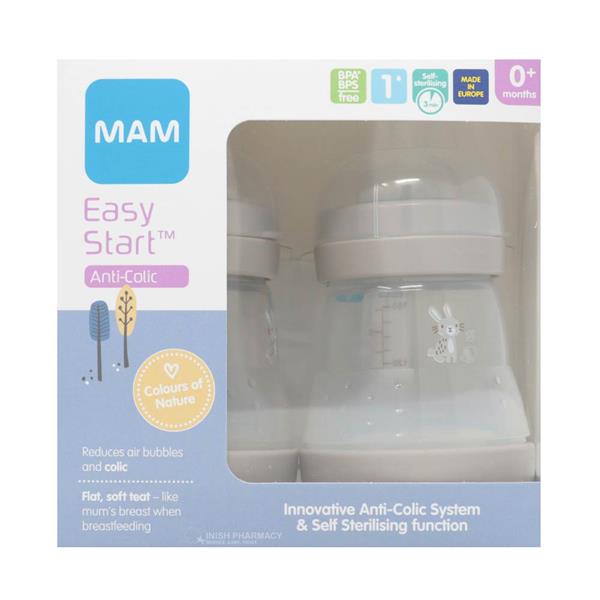 MAM Baby Bottles Self-Sterilising Anti-Colic Easy Start 160ml x 2 Pack Grey Mam