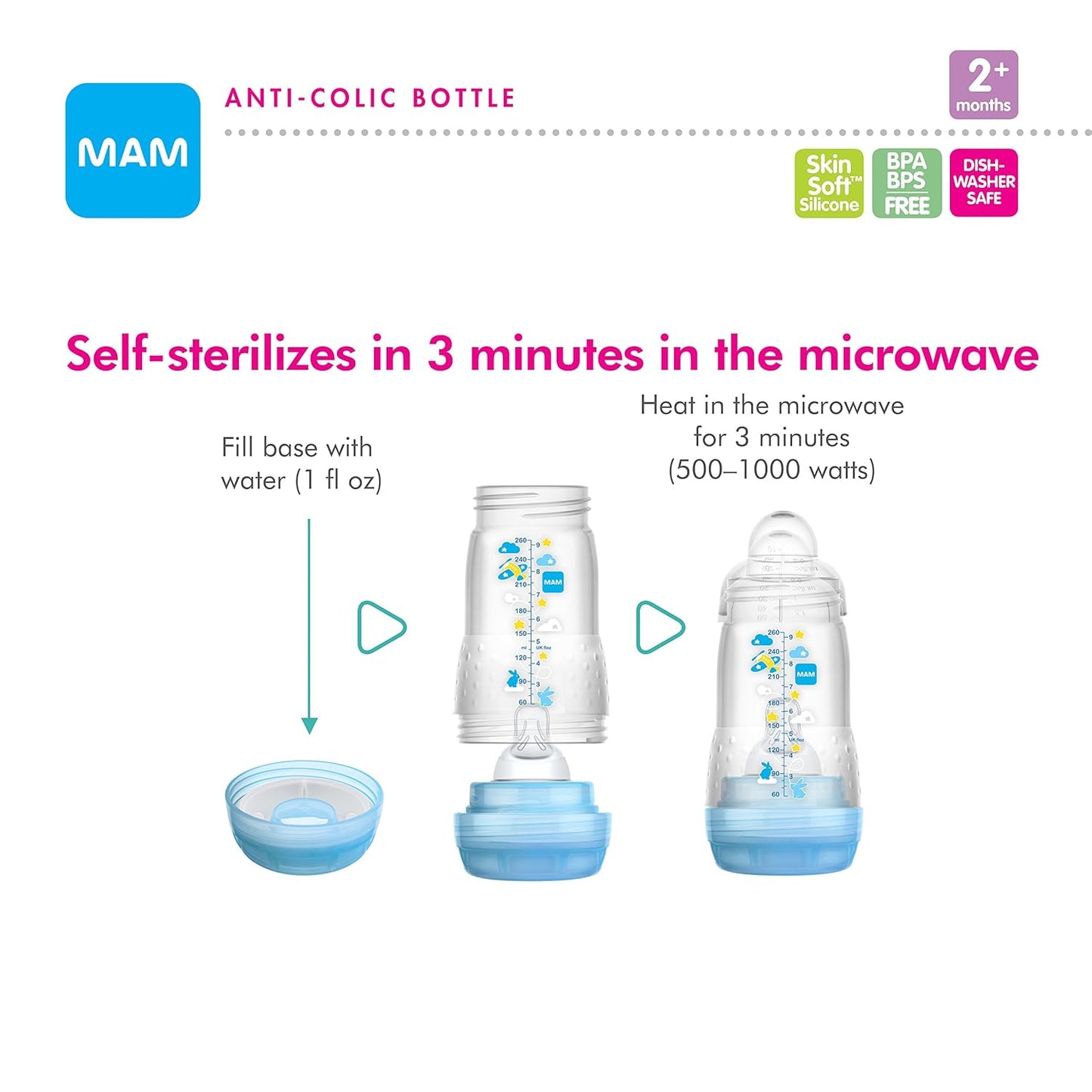 MAM Baby Bottles Self-Sterilising Anti-Colic Easy Start 160ml x 2 Pack Grey Mam