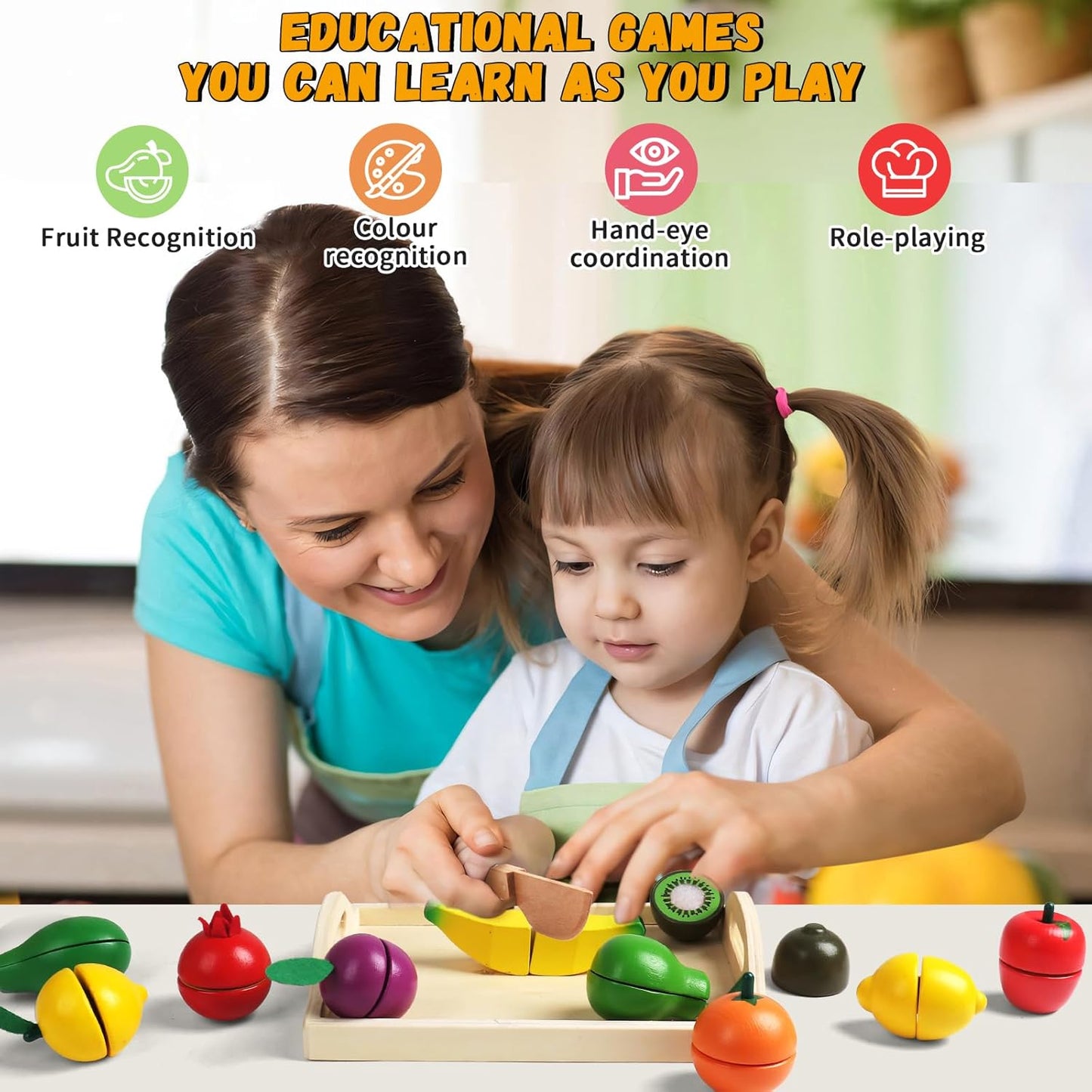 yoptote Wooden Play Food Toddler Toys for 2 yrs+ Fruit & Veg Amz_Mix