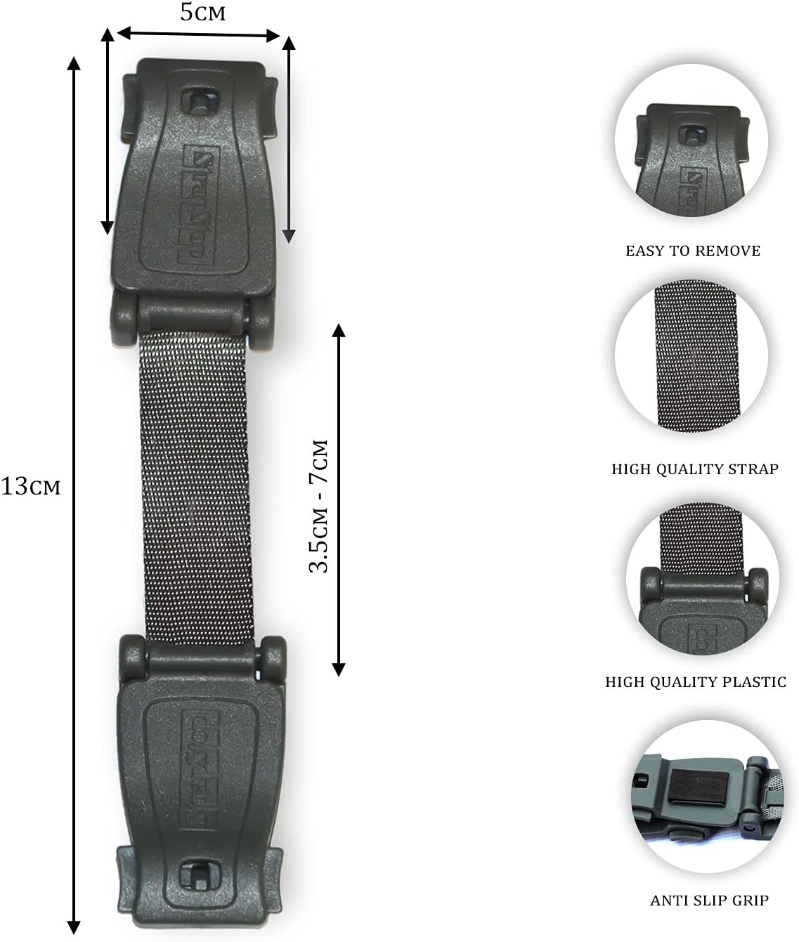 STRAP STOP Anti Escape Car Seat Strap — UK Made, Crash Tested, ECE R44-04 & R129 - Grey Strap Stop