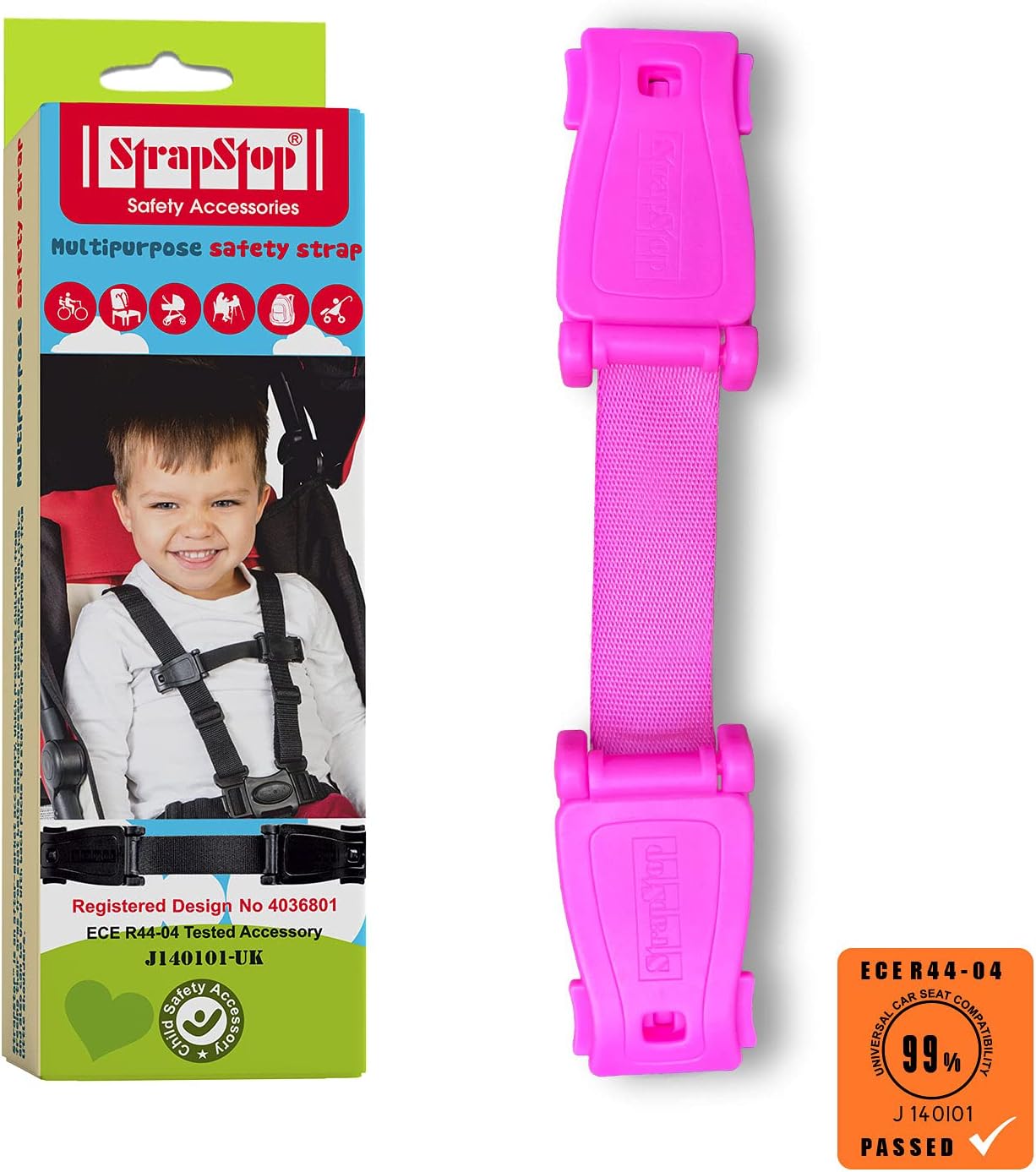 STRAP STOP Anti Escape Car Seat Strap — UK Made, Crash Tested, ECE R44-04 & R129 -PINK Strap Stop