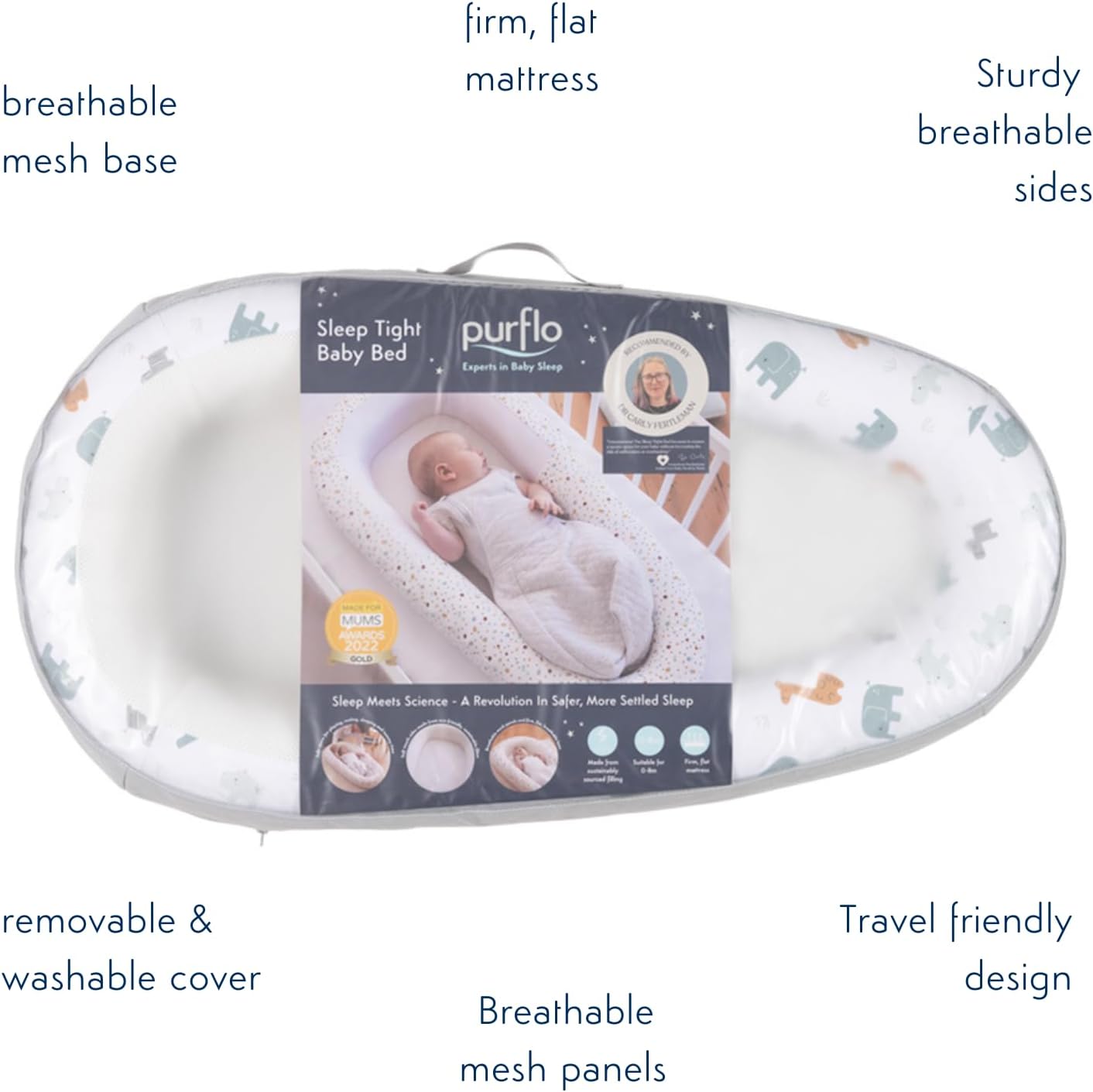 Purflo Sleeptight Baby Bed – Breathable & Portable Infant Lounger, Animal Safari Print Purflo
