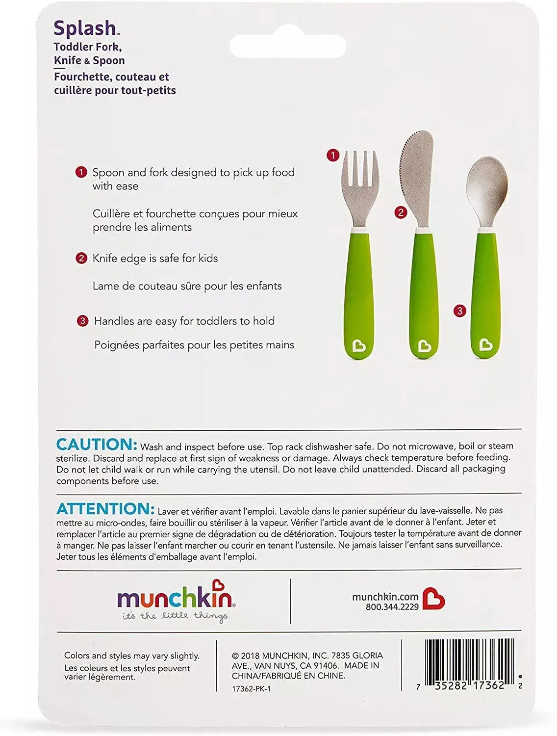 Munchkin Splash Toddler Cutlery Set (Fork, Knife & Spoon), Green Munchkin