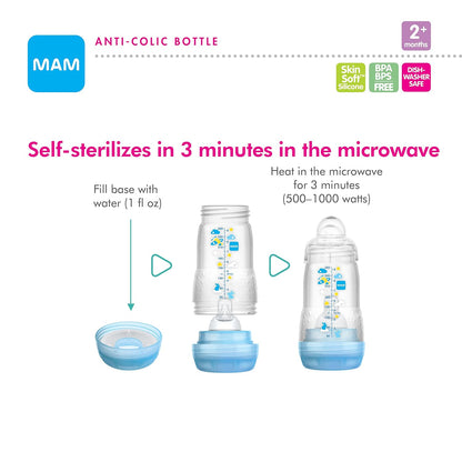 MAM Baby Bottles Self-Sterilising Anti-Colic Easy Start 160ml x 2 Pack Grey