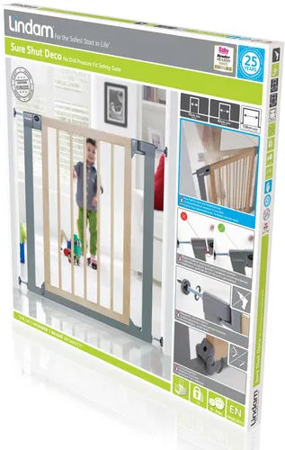 Lindam by Munchkin Sure Shut Deco Pressure Fit Safety Gate, Wood and Metal, 76 - 82 cm