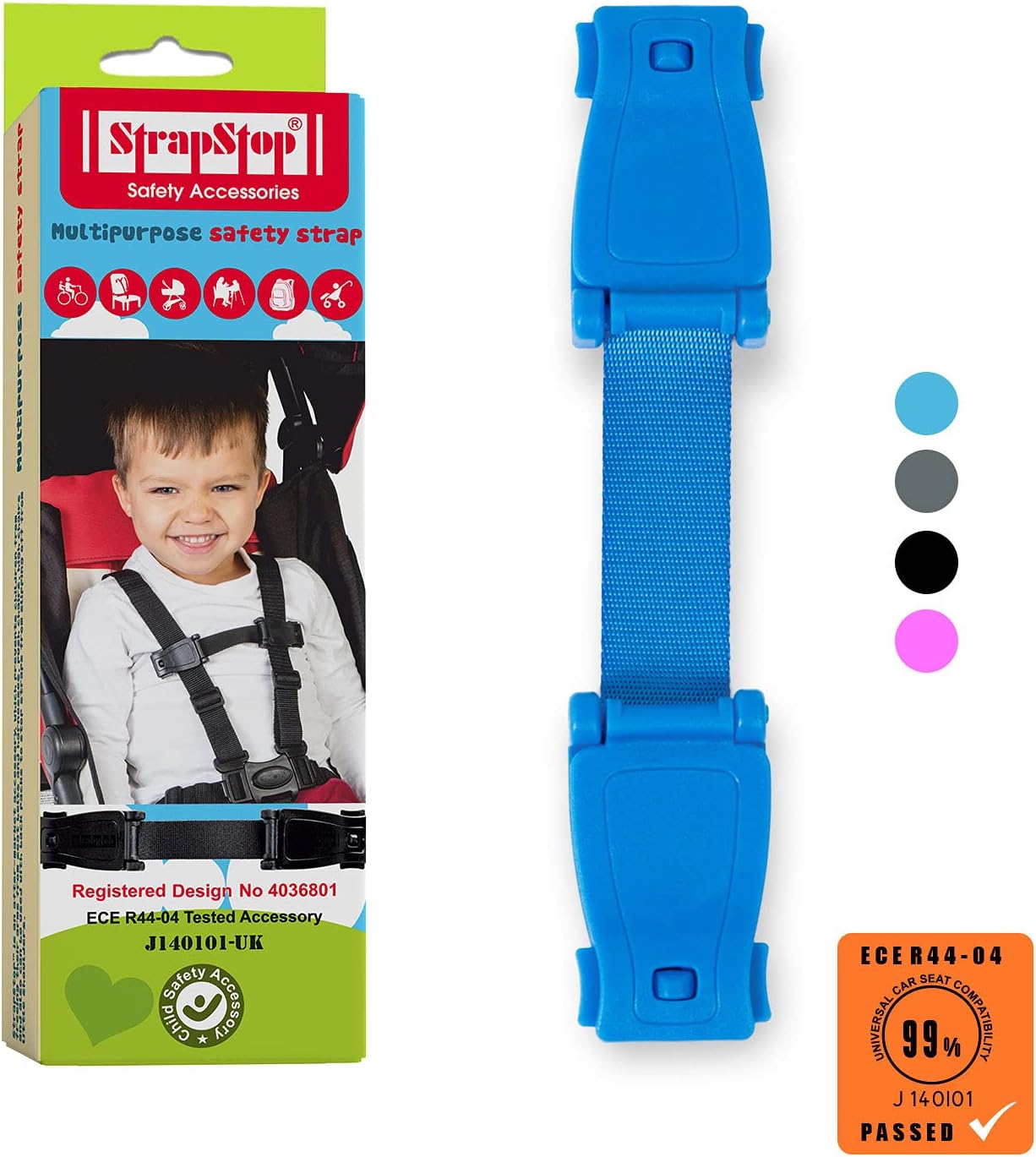 STRAP STOP Anti Escape Car Seat Strap — UK Made, Crash Tested, ECE R44-04 & R129 -BLUE Strap Stop