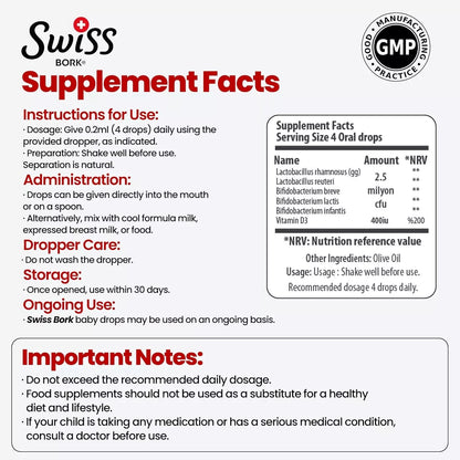 SWISS BORK Baby Probiotics Drops with Vitamin D3 — Kids Probiotics for Gut Health Swiss Bork