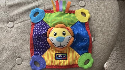 Nuby Teething Blankie Characters May Vary, Red/Yellow/Green/Orange/Blue, 1 Count