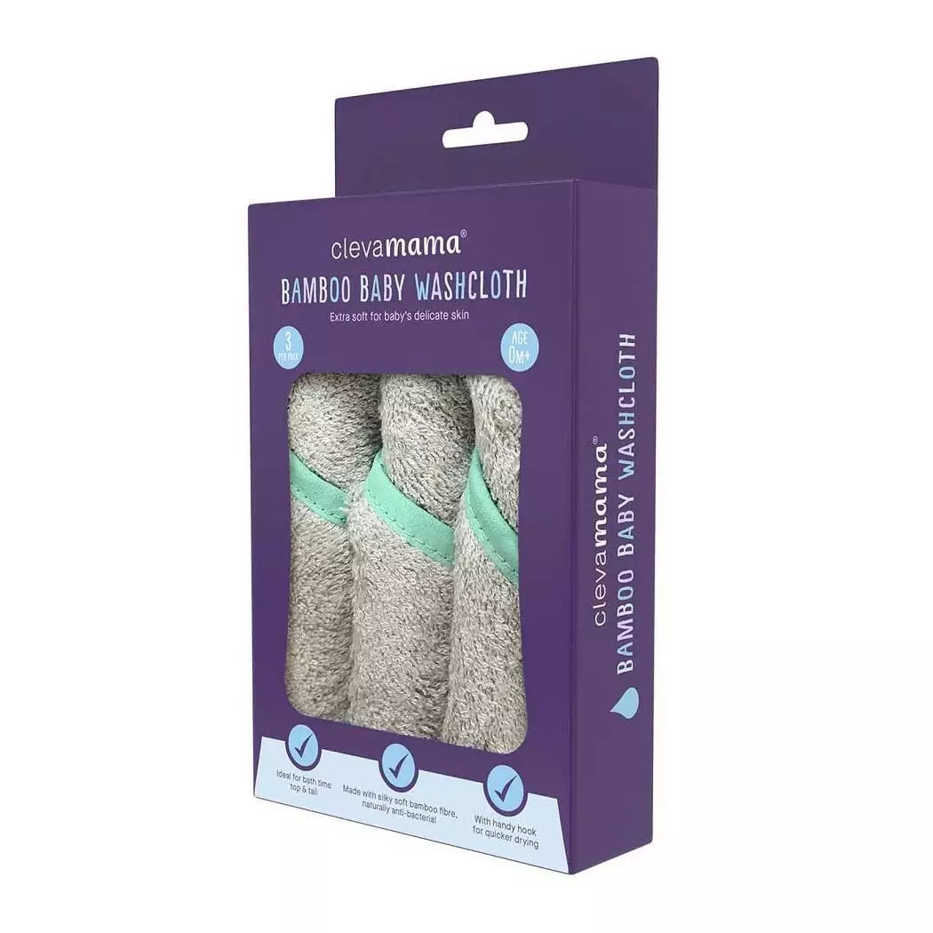 ClevaMama Bamboo Baby Washcloths - Set of 3 - Grey - Extra Soft, Machine Wash